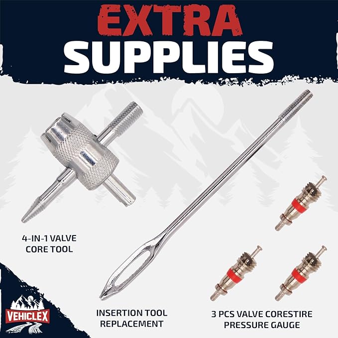 Vehiclex Tire Repair Kit for Plug and Patch with Aluminum Handled Tools - Emergency Kit with Pliers in Zippered Bag for Car, Motorcycle, ATV, Tractor, Lawn Mower