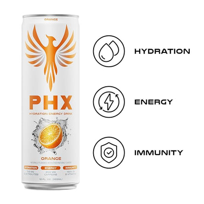 PHX Hydration Energy Drink - 700mg Electrolytes, 200mg Natural Green Tea Caffeine, 100% Daily Value 8 Essential Vitamins - 12 oz Cans (12 Pack) (12 Pack, Variety Pack)