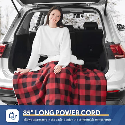 Sealy 12-Volt Heated Car Blanket, Portable Electric Blanket with 3 Heating Levels & 4 Hours Auto Off for Car, Truck, SUV, RV or Camping, Machine Washable, 59" X 43", Plaid