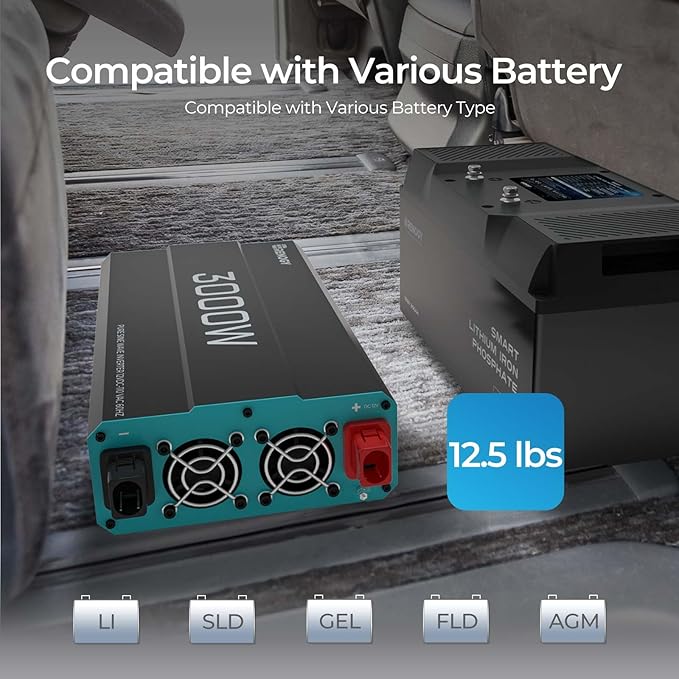 Renogy Inverter P2 3000W Pure Sine Wave Inverter 12V DC to 120V AC Converter for Home, RV, Truck, Camping, Trailer, with Wired Remote Controller, Support Li, AGM, SLD, GEL, FLD Batteries
