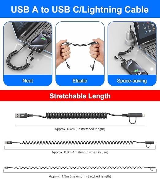 USB to USB C and Lightning Cable Support Apple Carplay & Android Auto - 3A Fast Charge & 480Mbps Data Sync Coiled Lightning Cable USB C iPhone Charger Cord for iPhone 16 15 14 13 12 11 Android