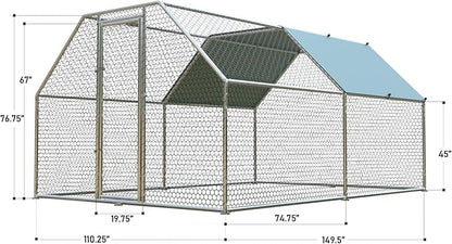1.26'' Chicken Runs for Yard with Cover, Large Metal Chicken Run Walk in Metal, Outside Dog Kennel with Roof, Flat Roofed Outdoor Kennel for Cats(9.2’L x12.5’Wx 6.4’H)