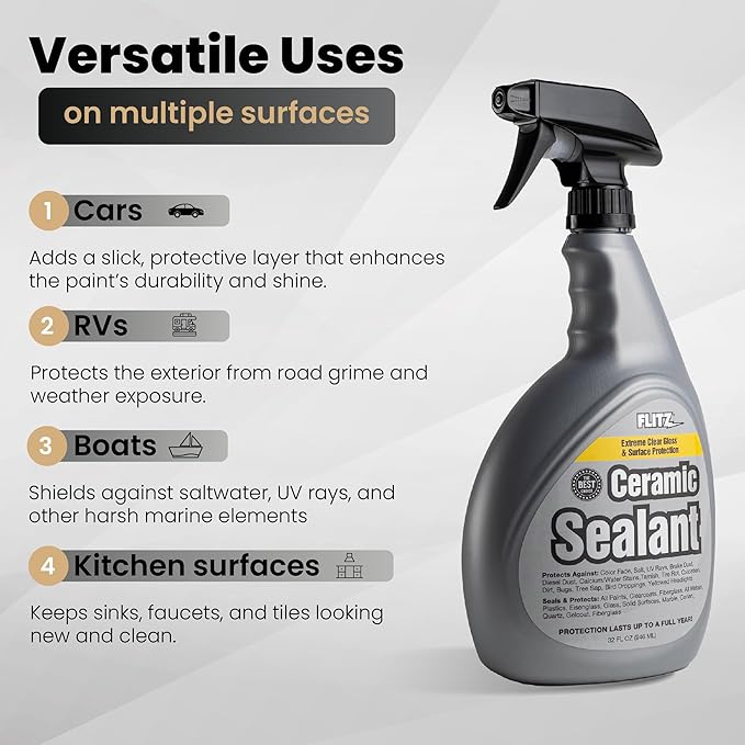 Flitz Ceramic Sealant - 32oz Bottle of USA-Made Ceramic Coating for Cars, Boats, Glass - Repels Water, Polishes, and Protects for 1 Year - Protection Car Spray Made for All Metals, Fiberglass
