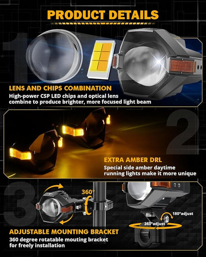 Auxbeam Motorcycle LED Fog Lights Auxiliary Lights Driving Light Spotlights 8 Modes White/Amber Dual Color Strobe Switchback 3 Inch 60W LED Offroad Work Light for Motorcycle ATV UTV Trucks - 2Pcs