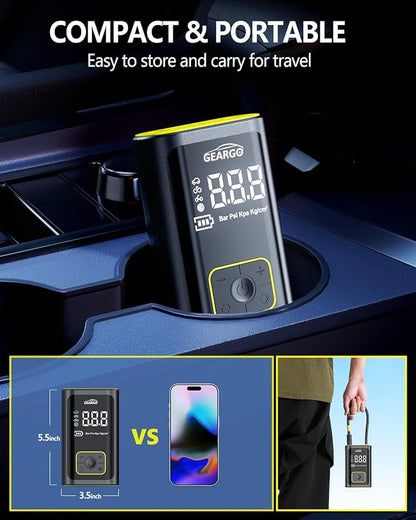 GEARGO Portable Tire Inflator Air Compressor 150PSI Cordless Air Pump for Car, Motorcycle, Bicycle Tires, Balls, 3X Faster Auto Smart Air Pump with Digital Pressure Gauge, LED Light, Black Yellow