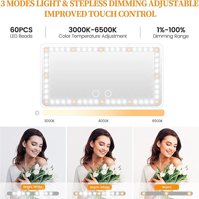 Car Sun Visor Vanity Mirror with Lights, Rechargeable Car Makeup Mirror Accessories, Birthday Gifts for Women Girl, 3 Light Modes, Dimmable Touch Led Screen, Universal for Car Truck