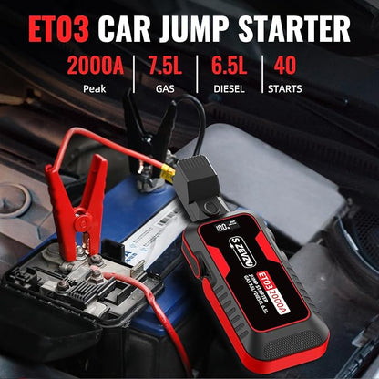 S ZEVZO ET03 Car Jump Starter 2000A Jump Starter Battery Pack for Up to 7.5L Gas and 6.5L Diesel Engines, 59.2Wh Portable 12V Jump Box with USB Ports, LCD Display, Storage Case, and LED Light