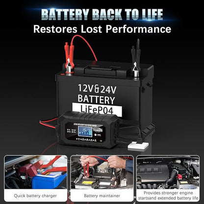 YONHAN 15-Amp Battery Charger LiFePO4 Trickle Car Battery Charger 12V 24V Fully-Automatic Smart Battery Chargers, Lead Acid Portable 9-Stage Smart Battery Maintainer with Temp Compensation(Black)