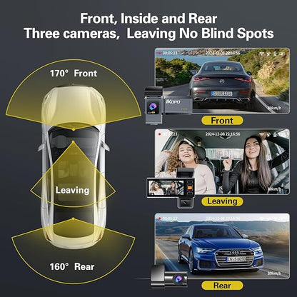 4K Dash Cam Front and Rear and Inside, UHD 2160P Night Vision 3 Channel Dash Camera for Cars, 3.16'' IPS Screen Dual Dashcam with Speed Recording, App Control,24H Parking Mode,G-Sensor