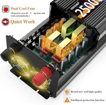 2500W Power Inverter 12V DC to AC 110V/120V (Peak) 5000W Converter 3 sockets car Inverter with Remote Control and LED Display 3.4A USB Port