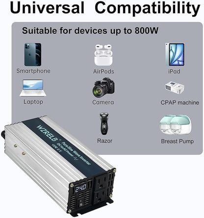 WZRELB 800W Pure Sine Wave Inverter 24V DC to 110V 120V AC Power Converter with LED Display, Off-Grid Portable Power Inverter with 2 AC Outlets for Home, RV, Truck, Camping