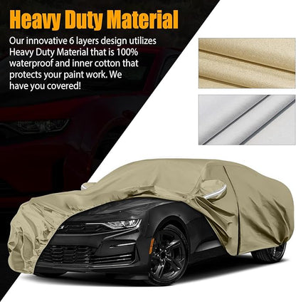 Waterproof Car Covers Replace for 2010-2025 Chevy Camaro, Multilayer Heavy Duty with Cotton Liner All Weather Custom-fit Car Cover with Zipper Door, Windproof Bands for Snow Rain Dust Protection