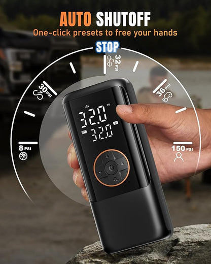 Tire Inflator Portable Air Compressor, 150PSI Air Compressor for Car Tires, Cordless Bike Pump with Pressure Gauge & LED Light, Tire Pump for Cars, Motorcycles, Bikes, Balls