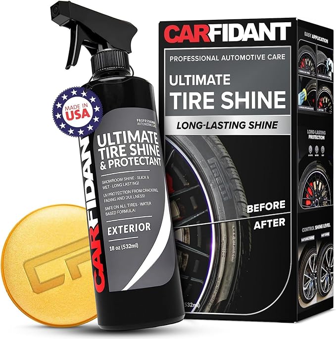 Carfidant Tire Shine Spray - Black Satin Finish - Premium Car Tire Dressing - Long Lasting - No Sling No Grease Formula with UV Protection - 18 fl. Oz with Applicator Pad