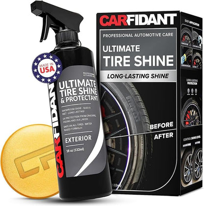 Carfidant Tire Shine Spray - Black Satin Finish - Premium Car Tire Dressing - Long Lasting - No Sling No Grease Formula with UV Protection - 18 fl. Oz with Applicator Pad