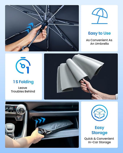 REEVAA 2025 Upgraded Truck Windshield Sun Shade Umbrella [100% Sun Protection & Keep Cool] Protect Interior, 360° Flex Handle Sun Shield Sunshade, Large (61''x35'') for Truck/Full-Size SUV Car