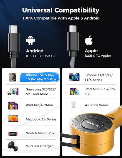SUPERONE 3-in-1 Car Charger with Retractable Cords, USB C Charger Car Adapter Compatible with iPhone 16/15/14/13/12/11 Pro Max Samsung Android Phones