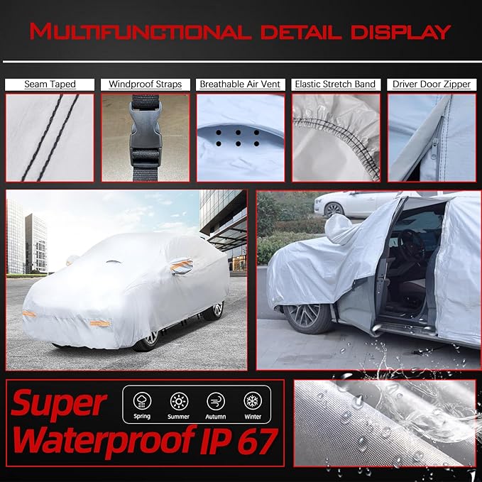 30 Layers Heavy Duty SUV Car Cover for Automobiles All Weather Waterproof, Outdoor Snowproof UV Protection Windproof, Door Zipper, Soft Cotton Universal Car Covers (Silver, Fit SUV 171"-180")