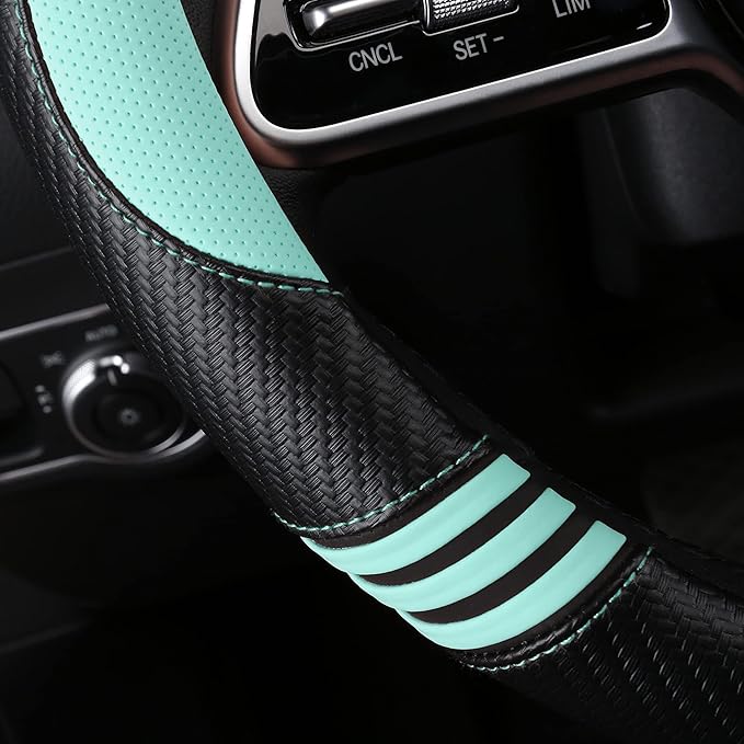 Car Steering Wheel Covers for Women Girl Padded Carbon Fiber PU Leather Cute Cartoon Auto Interior Accessories for Jeep, Truck, Universal, Anti Slip, Green, Large Size 15.5-16"(39-41cm)