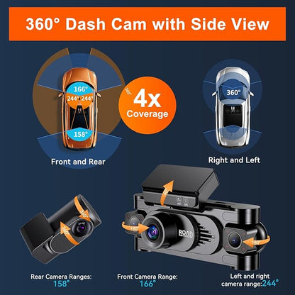 4K 360° DashCam for Cars,4 Channel Car Dash Cam Front and Rear Inside with 128GB Card Included,Voice Control,5.8G WiFi GPS,IR Night Vision, G Sensor, 24/7 Parking Mode &Loop Recording Dash Camera
