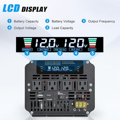 5000W Power Inverter 12V to 110V/120V DC to AC with LCD Display, Remote Controller and 4 x AC Outlets Car Adapter for Car Truck Boat RV Off Grid Solar System