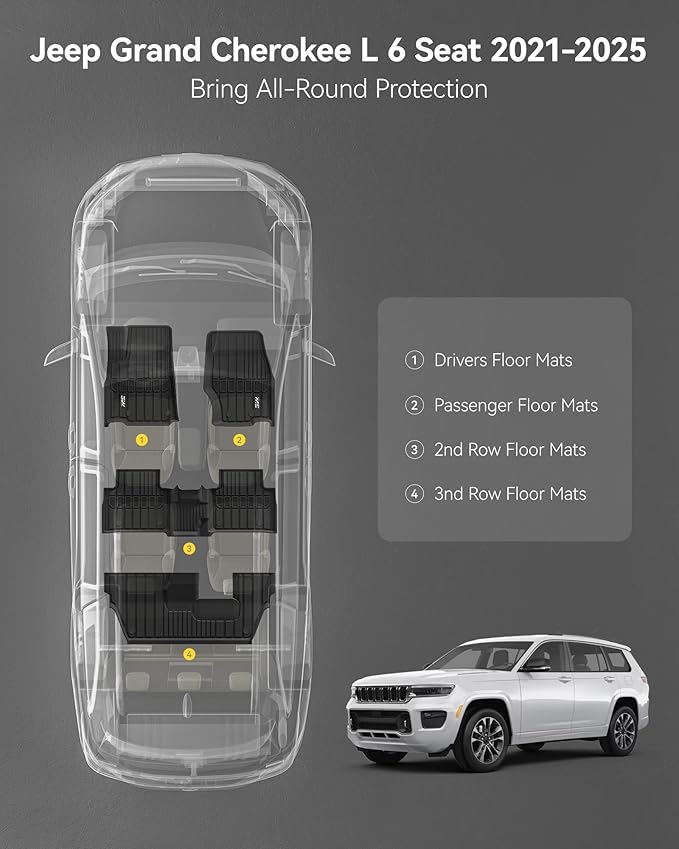 3W Floor Mats Fit for Jeep Grand Cherokee L 7 Seat 2021-2025 All Weather TPE Custom Fit Floor Liner for 1-3 Rows Full Set Car Mats Black(NOT Fit for 6-Passenger)
