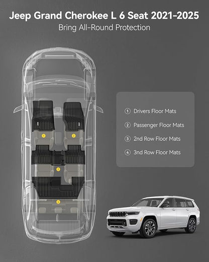 3W Floor Mats Fit for Jeep Grand Cherokee L 7 Seat 2021-2025 All Weather TPE Custom Fit Floor Liner for 1-3 Rows Full Set Car Mats Black(NOT Fit for 6-Passenger)