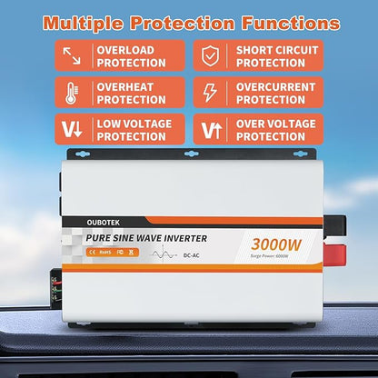 3000 Watt Pure Sine Wave Inverter 24V DC to 120V AC Converter for Truck Boat Camping Outdoor Solar System, 3000W Power Inverter with LCD Display, Remote Controller, USB Port, 4 AC Outlets