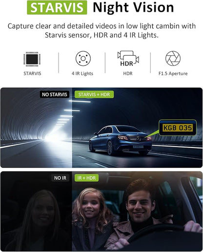 4K 3 Channel Dash Cam Front Rear Inside，STARVIS Sensor, 5GHz WiFi,64GB Card Included, 2160P+1080P+1080P Car Dash Camera, 3.16" IPS Screen, IR Night Vision,HDR, G-Sensor, 24/7 Parking Mode
