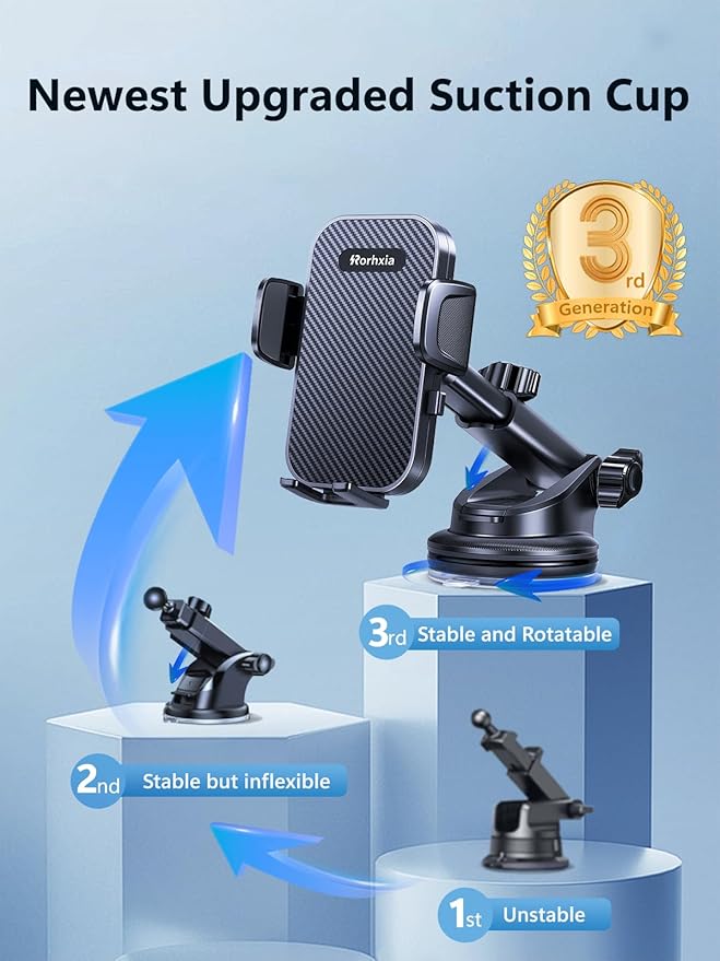 [2025 Most Stable & Flexible Suction Cup] 3-in-1 Car Phone Holder, Cell Phone Car Mount Fit for Vent/Dashboard/Windshield, All Phones, iPhone, Samsung and More