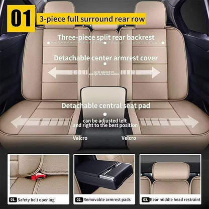 YORKNEIC Leather Car Seat Covers Fit for Hyundai Kona 2018-2025: 5 Seats Full Set Seat Covers - Waterproof Auto Seat Protector Compatible Airbag (Beige)