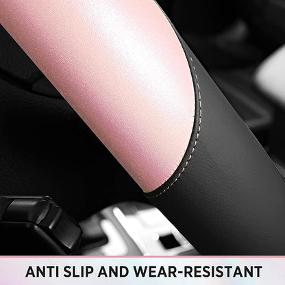 Road Comforts Steering Wheel Cover – Breathable Leather Steering Wheel Cover, Anti-Slip Grip, Universal Fit 14.5” to 15”, Heat & Cold Resistant for Cars, SUVs, and Trucks – Black & Pink