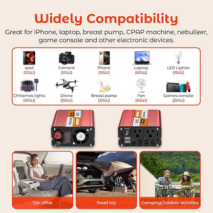 300W Power Inverter DC 12V to 110V AC Car Inverter with 4.2A Dual USB(18W) Charging Ports, Dual AC Adapter for Laptops