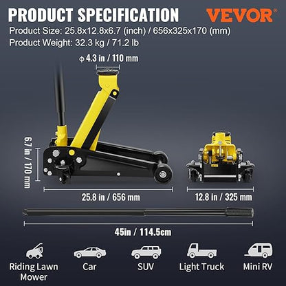 VEVOR 3 Ton Low Profile Floor Jack for All Terrain Vehicles, Heavy-Duty Steel Racing Jack with Quick Lift Pump, 5.12"-20" Lifting Range, 3.0 tons