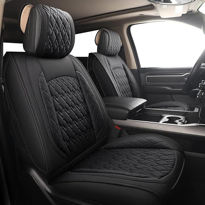 JOJOBAY Car Seat Covers for Dodge Ram Full Set,Fit Ram 2009-2023 1500/2500/3500 Pick-up Truck,Crew,Regular,Quad,Mega Cab,Waterproof Leather Seat Covers Protectors（5 PCS Full Set,Black）