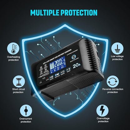 Battery Charger 0-20A 12V/24V Lithium LiFePO4 Lead Acid Fully Automatic Maintainer, Smart Car Battery Charger,Trickle Charger w/Pulse Repair for Trucks,Boats,Motorcycles,Deep Cycle Batteries ﻿