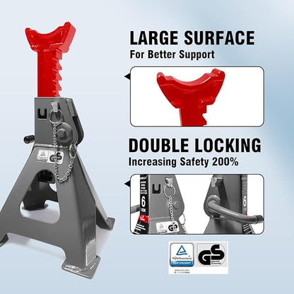 Car Jack Stands 6 Ton with Double Locking and Large Foot Base for Lifting Cars,SUVS,MPVS, Heavy Duty Steel, 13000 lb Capacity, 1 Pair