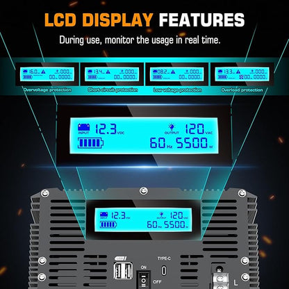 5500 Watt Power Inverter 12V DC to 110V 120V Converter for Family RV Off Grid Solar System Car with Type-C Ports 3 AC Power Outlets Dual USB Ports LCD Display Wireless Remote Control