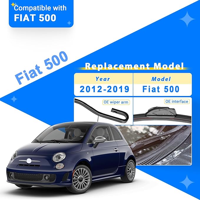 Windshield Wiper Blades Replacement for 2012-2019 Fiat 500 Original Factory Quality Front Rear Wipers Blade Set for My Car - 24" 14" 12" (Pack of 3)