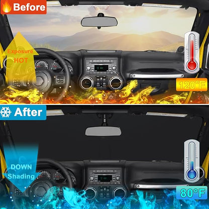 Windshield Sun Shade for Jeep Wrangler JK 2007-2018, Foldable Heat Shield with UV Protection, Custom Fit for 2/4 Door Models, Car Window Visor Accessories