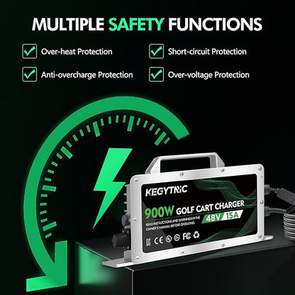 15 AMP 48 Volt Golf Cart Battery Charger for Club Car with 3-Pin Round Plug, 20% Faster & Safer, 900W Club Car Battery Charger for Lead Acid Battery, Automatic Power-Off Protection & IP67 Waterproof