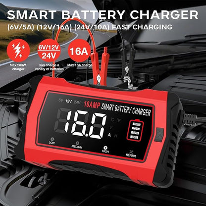 16-Amp Battery Charger, 6V/12V/24V Smart Car Battery Charger, Automotive Battery Maintainer, Trickle Charger for Car, SUV, Motorcycle, Boat, Lead-Acid, Lithium, LiFePo4 Battery