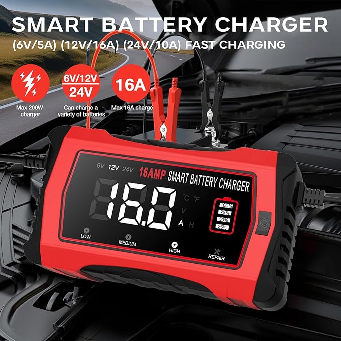 16-Amp 24V/12V/6V Portable Car Battery Charger,Smart LiFePO4 Lithium Lead-Acid Battery Charger,Trickle Charger,Maintainer w/Temperature Compensation for Motorcycles Boats ATVs Lawn Mowers