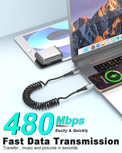 Coiled USB C to USB C Cable, 2 Pack Retractable USB Type C Charging Cable 60W USB C to C Coiled Cord for iPhone 16 15 Pro, Samsung Galaxy S25 S24 Ultra / A16, Moto G, Google Pixel, iPad Air 4