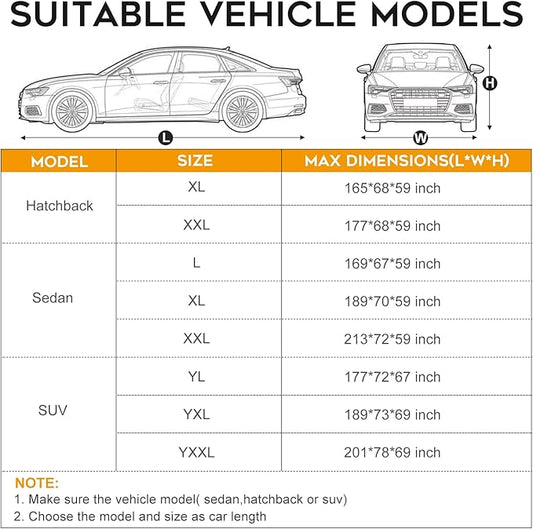 Waterproof Hatchback Car Cover: 6-Layer Protection from Rain, Snow, UV & Dust - Universal Fit up to 177 inches with Zipper Door & Windproof Straps for Outdoor, Garage, Travel Use,Silver