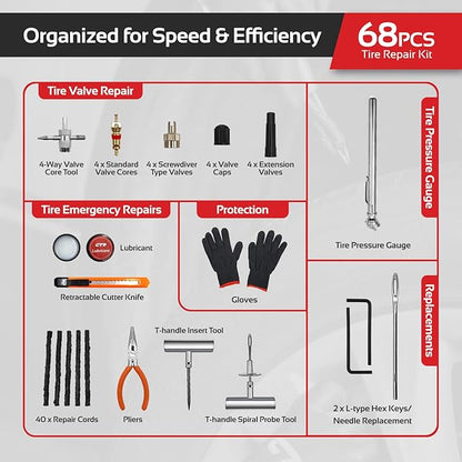 CTR Heavy Duty Tire Plug Kit - 68pcs All-in-One Universal Tire Repair Kit with Plugs, Professional Tools for Tubeless Tyre Flats for Cars, Truck, RV, SUV, ATV, Motorcycle, Tractor, Trailer - GE0001