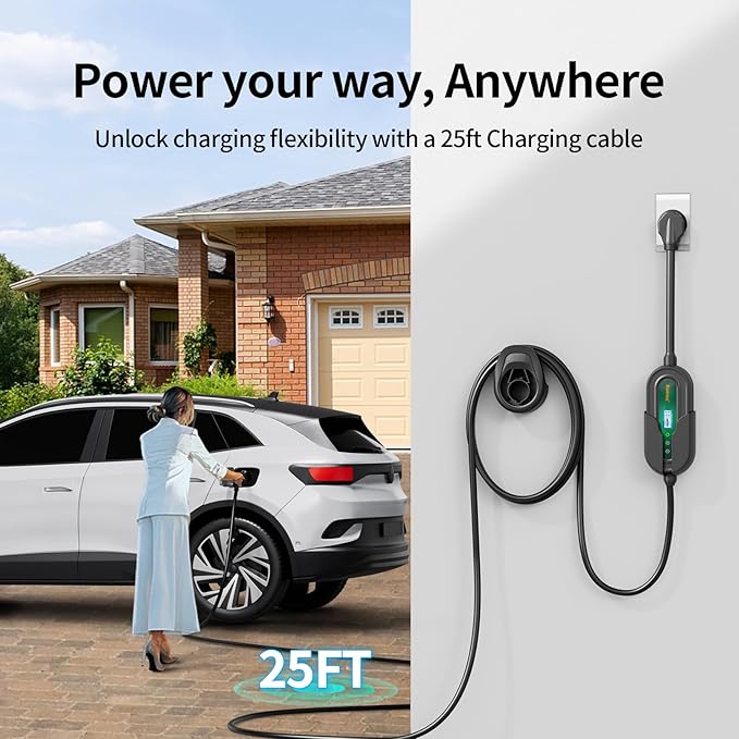 Level 2 EV Charger w/App Control: 32A 240V 7.68kW Fast Charging, NEMA 14-50 Plug & 25ft J1772 Charging Cable, Indoor/Outdoor Portable EVSE for Home, ETL/FCC Certified