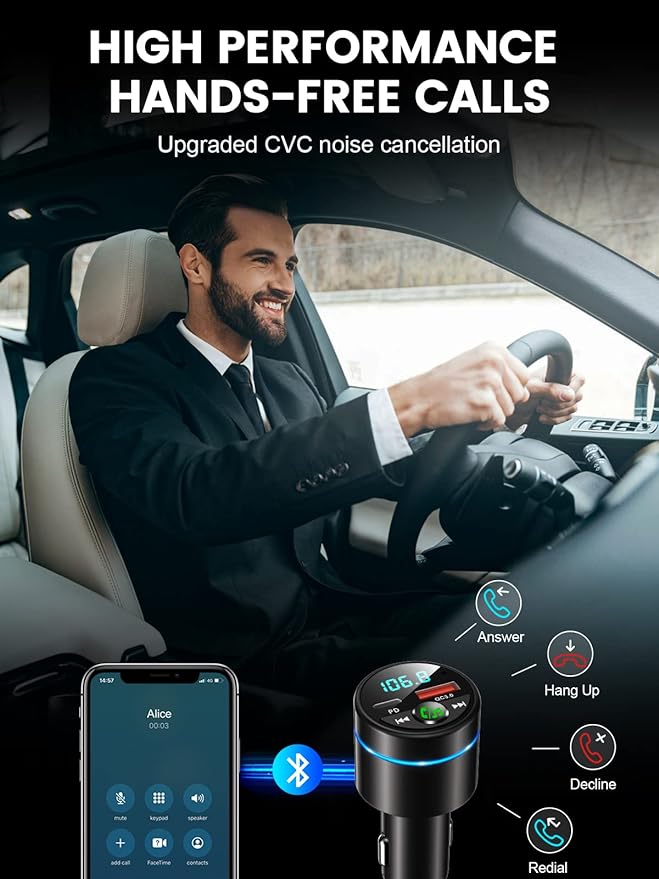 FM Transmitter for Car Bluetooth 5.3, [All-Metal] PD 30W & QC3.0 18W Fast Car Charger, Wireless FM Radio Car Kit Bluetooth Car Adapter, Noise Cancelling Hands-Free Call, Blue Light - Black