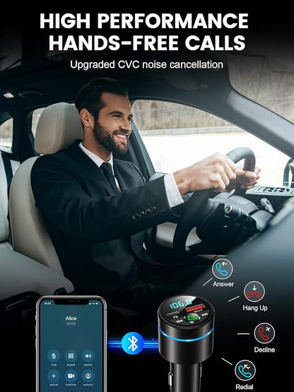 FM Transmitter for Car Bluetooth 5.3, [All-Metal] PD 30W & QC3.0 18W Fast Car Charger, Wireless FM Radio Car Kit Bluetooth Car Adapter, Noise Cancelling Hands-Free Call, Blue Light - Black