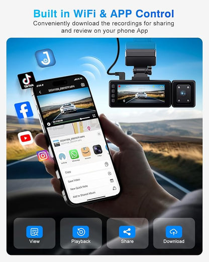 3 Channel 4K Dash Cam, IMX335 STARVIS Sensor, 4K+2K Front and Inside, 2K+1080P+1080P Front and Rear Inside Dash Camera for Cars, Free 64GB Card, Built in WiFi GPS, Intelligent Voice Control